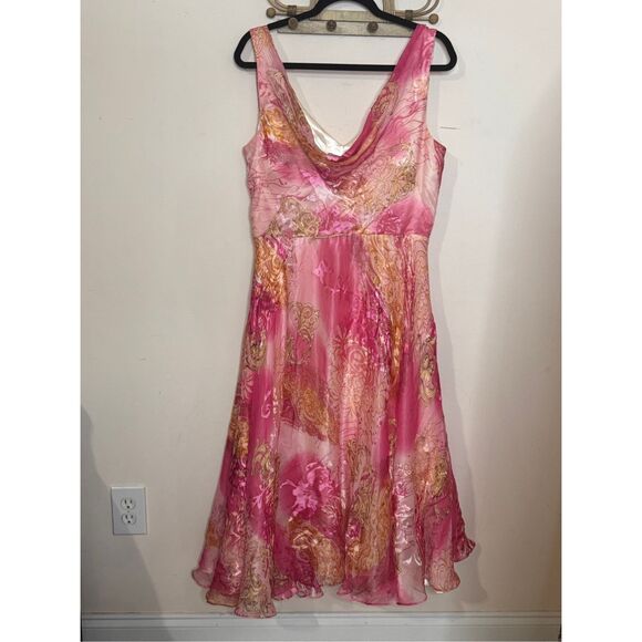 Victor Costa Y2K Pink and Yellow Paisley Silk Party Dress 12 - Picture 2 of 7